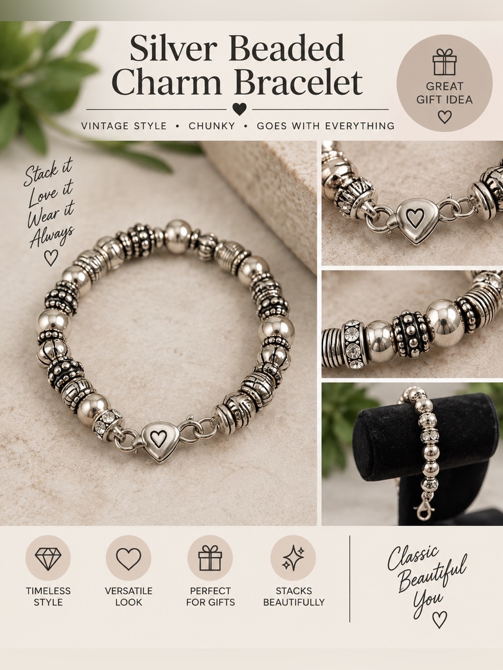 Silver Tone Beaded Charm Bracelet 9” Heart Clasp